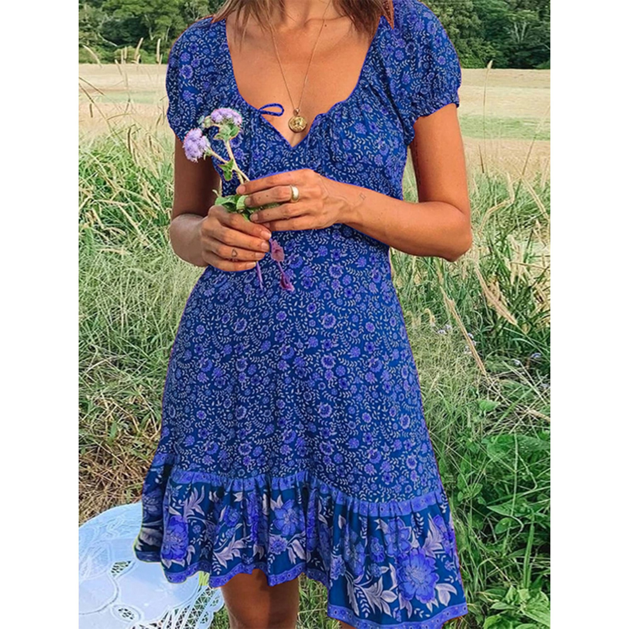 ZANZEA Women Sexy Holiday Short Sleeve Floral Printed V Neck Party Dress | Walmart (US)