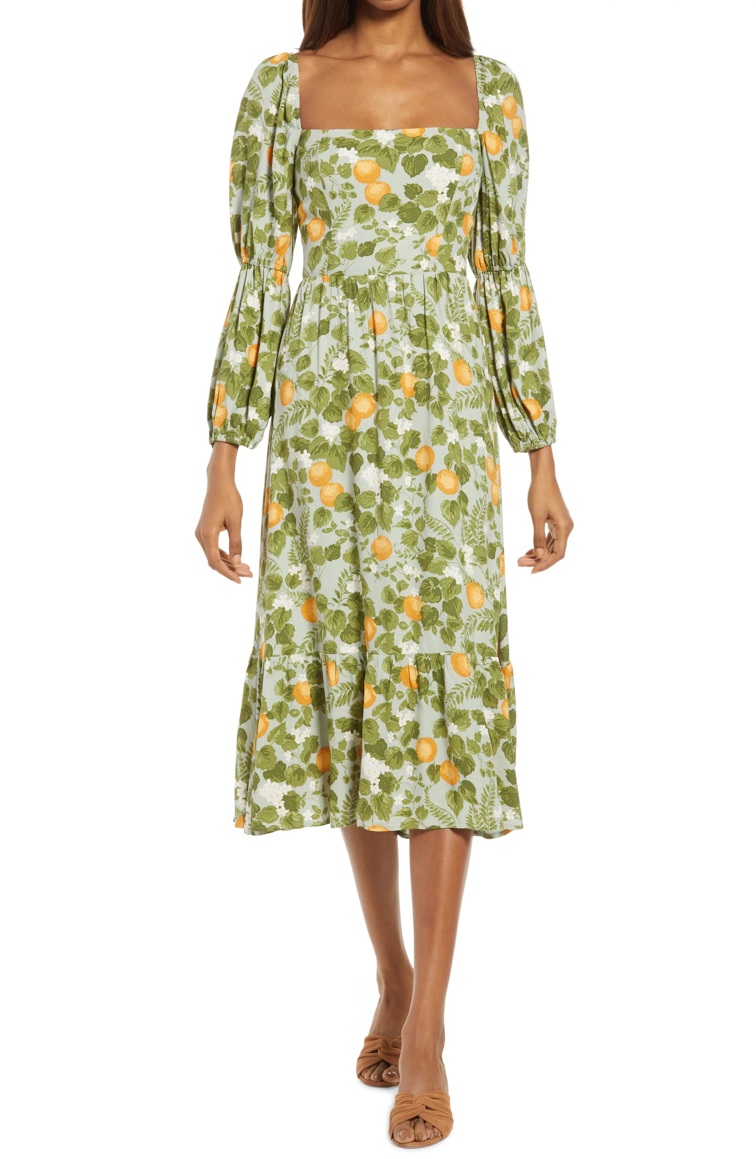 Women's Reformation Floral Long Sleeve Midi Dress, Size 4 - Green | Nordstrom