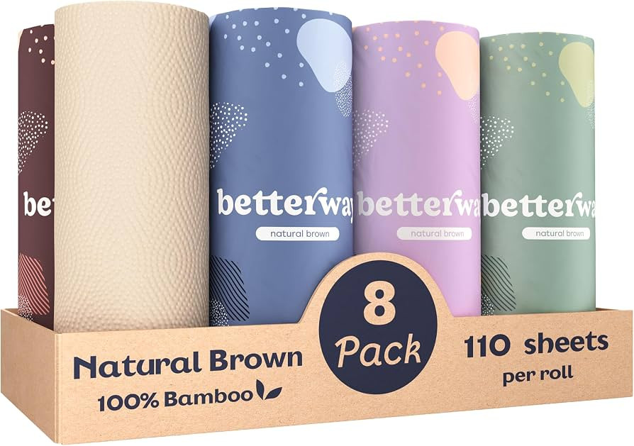 Betterway Bamboo Natural Brown Paper Towels - 8 Rolls, 2 Ply, 110 sheets - Plastic Free, Disposab... | Amazon (US)