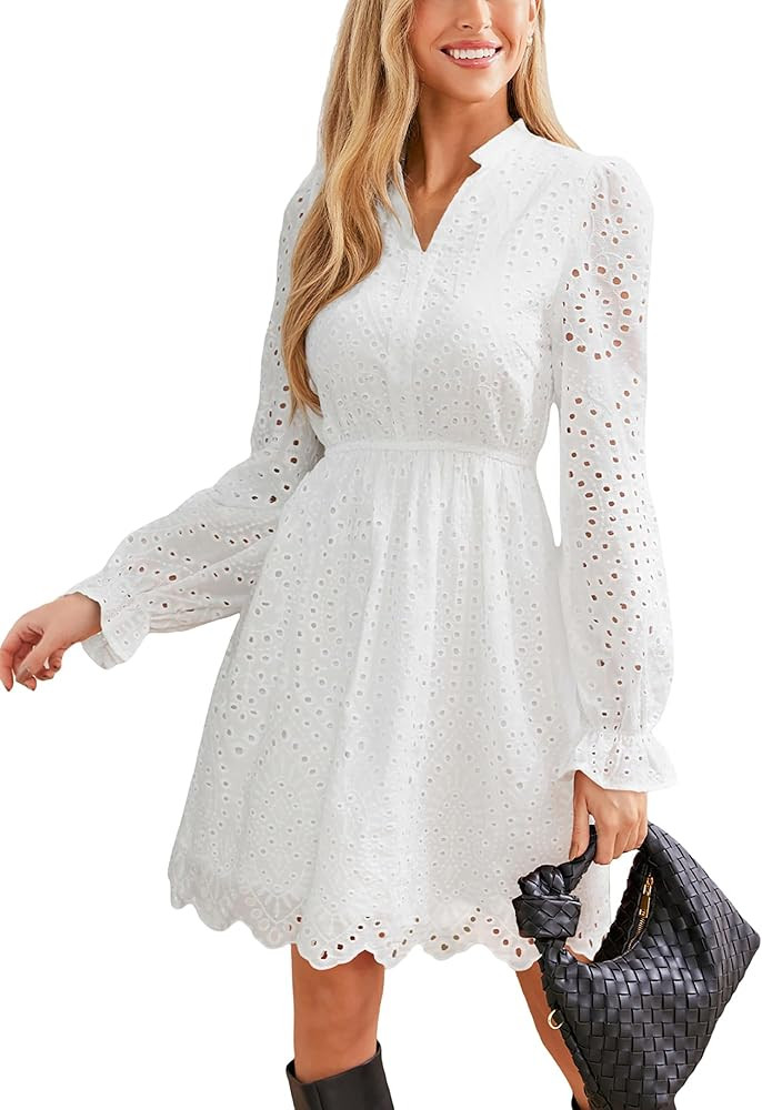 CUPSHE Womens Mini Dresses V Neck Long Sleeve Ruffled Hollow Out Lace Casual Fall Outfit Party Sh... | Amazon (US)