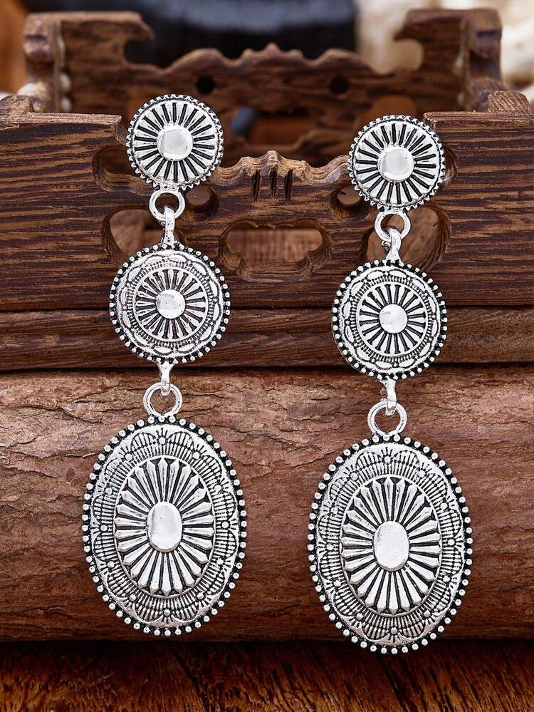 MONLOTTI 1 Pair Cowgirl Western Vintage Boho Style Totem Carved Geometric Patchwork Metal Alloy Pendant Earrings, Women's Summer Jewelry, Woman Gift | SHEIN