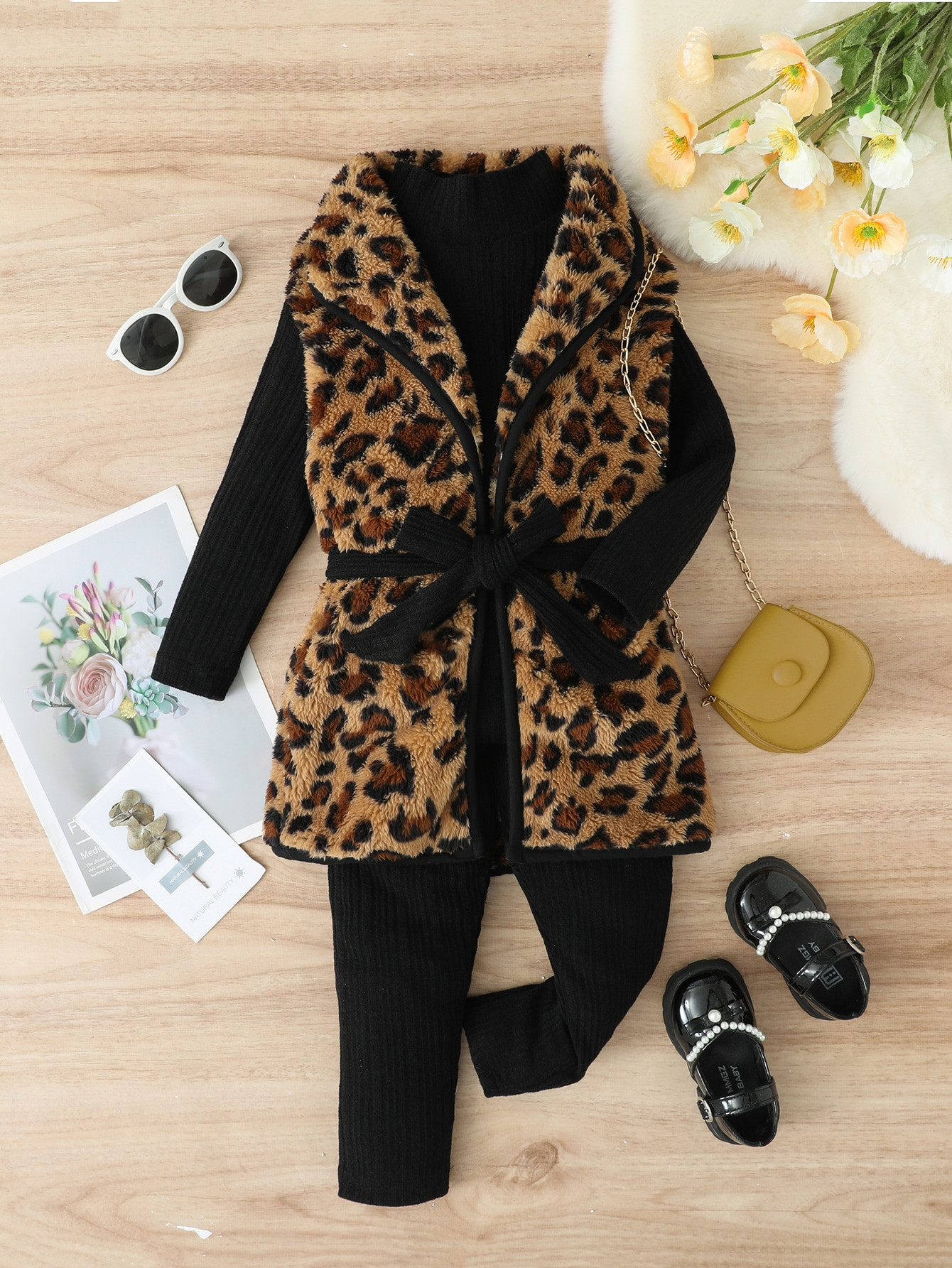 SHEIN Young Girl Leopard Print Belted Vest Coat & Pants & Tee | SHEIN USA | SHEIN