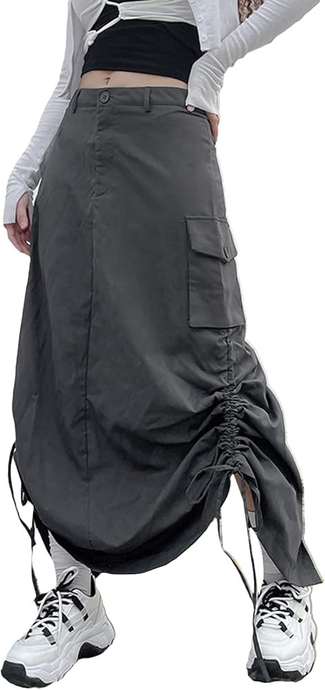 Women Cargo Skirt with Pockets Y2K 90S Vintage Low Waist Drawstring Ruched Midi Skirt Fairy Grung... | Amazon (US)