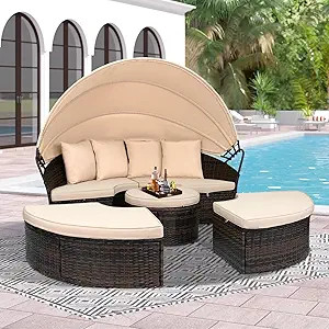 Outdoor Patio Canopy Bed Round Daybed with Washable Cushions, Clamshell Sectional Seating Wicker ... | Amazon (US)