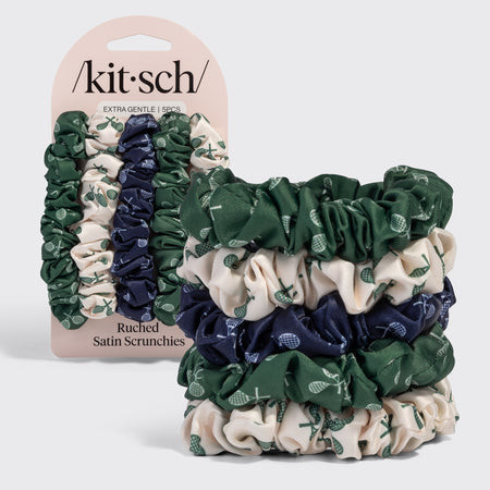 Cream, Court Green & Navy Blue Ruched Satin Scrunchies 5pc Set | Kitsch