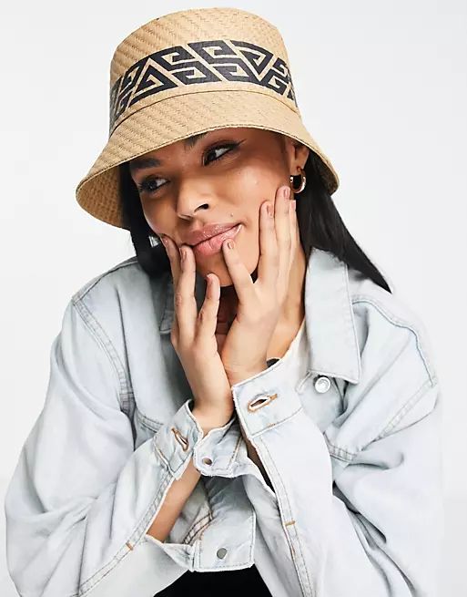 ASOS DESIGN straw bucket hat in with monogram print with size adjuster in neutral | ASOS (Global)