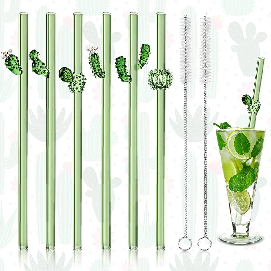 Meanplan 6 Pcs Reusable Glass Straws with Design, 8 mm x 7.9 Inches Cactus on Green Straws with C... | Amazon (US)