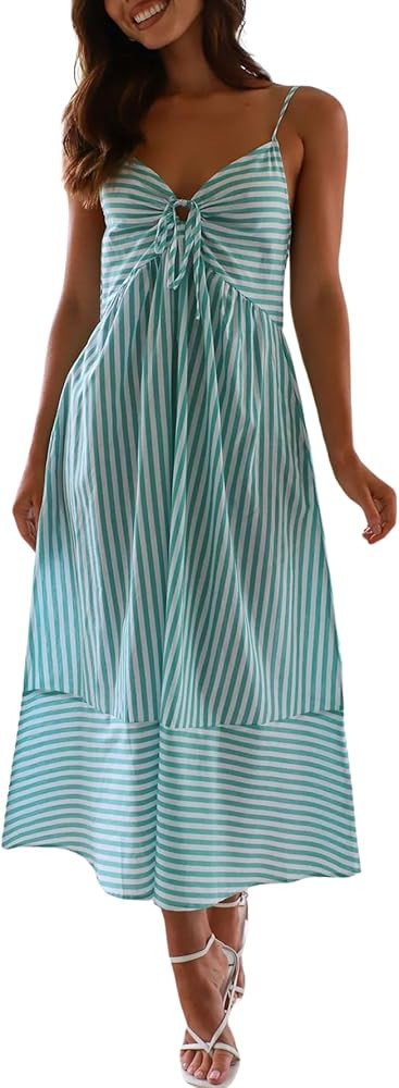 chouyatou Women's Summer Boho Spagetti Strap Striped Beach Dress Casual Smocked Back Midi Long Su... | Amazon (US)