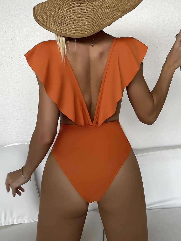 Plain Ruffle Trim One Piece Swimsuit | SHEIN