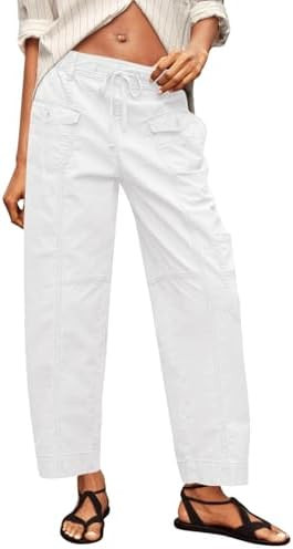 Fisoew Womens 100% Cotton Cargo Pants Drawstring Elastic Waist Casual Hiking Work Pants with Mult... | Amazon (US)