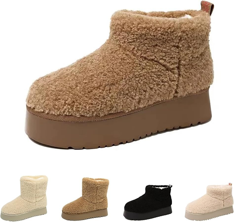 Fashion Platform Boots for Women Fur Fleece Lined Mini Ankle Boots Warm Outdoor Indoor House Non-... | Amazon (US)
