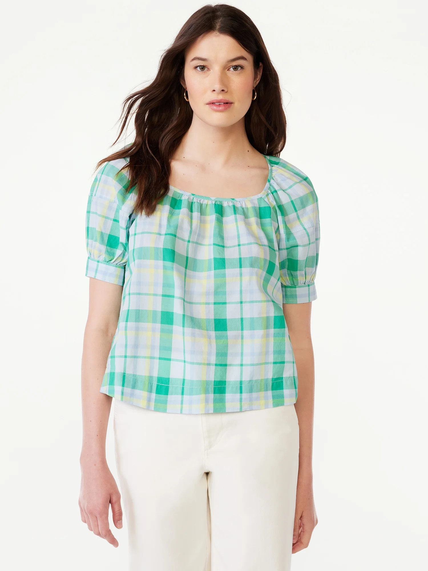 Free Assembly Women's Square Neck Top with Short Puff Sleeves, Sizes XS-XXL | Walmart (US)