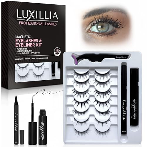 Luxillia Magnetic Eyelashes Kit – 10 Piece (Clear & Black) Magnetic Eyelash & Eyeliner Set with Applicator – Natural Look Easy Apply Reusable Fake Extension Lashes, No Glue – Pestañas Naturales | Amazon (US)