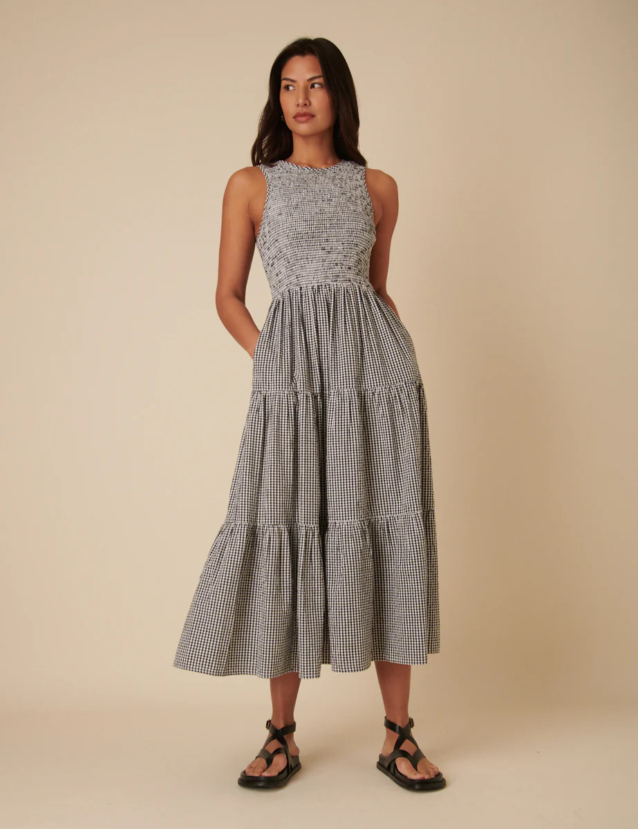 Black Gingham Sleeveless Tiered Charlie Midi Dress | Nobody's Child