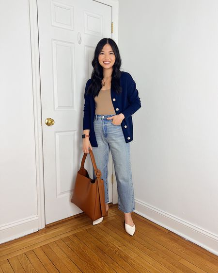 Navy cardigan (XS)
Beige tank (XS/S)
High waisted straight jeans (27P)
Brown bag
White pumps (1/2 size up)
Smart casual outfit
Weekend outfit
Mom outfit
LOFT outfit 
Outfit with jeans
Spring outfit

#LTKfindsunder50 #LTKworkwear #LTKstyletip