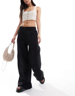 Monki linen tailored wide leg trousers in black | ASOS | ASOS (Global)