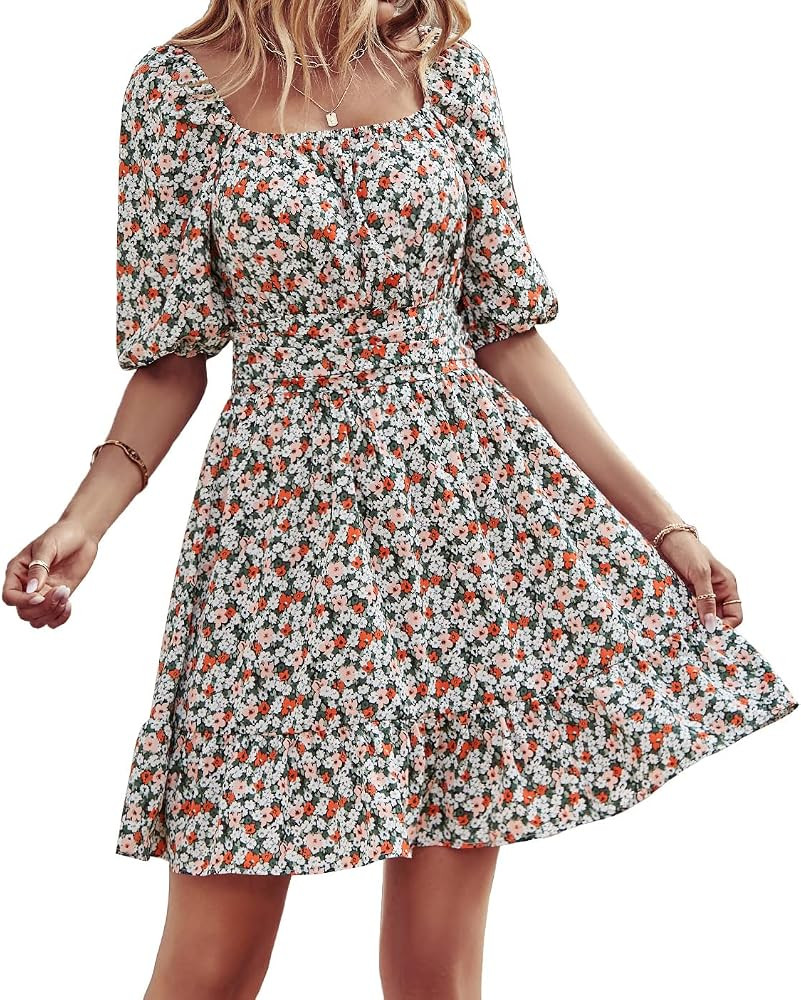 BTFBM Women Square Neck Short Lantern Sleeve Casual Dress Tie Back Floral Summer Beach High Waist Ru | Amazon (US)