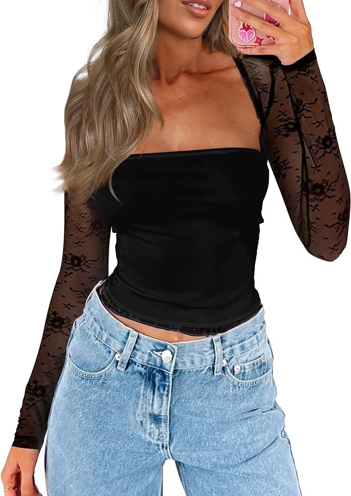 Women's Floral Lace Long Sleeve Square Neck Crop Top T Shirt Strapless Tube Top and Bolero Set | Amazon (US)