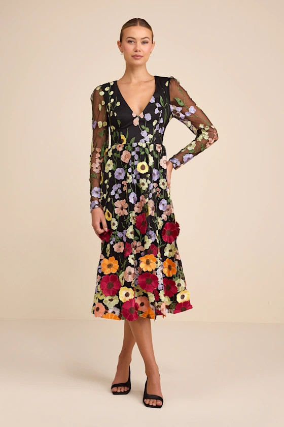 Impressive Blossom Black 3D Floral Embroidered Midi Dress | Lulus