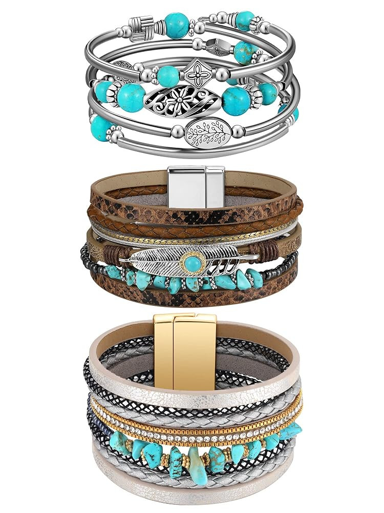 Inbagi 3 Pcs Turquoise Bracelet for Women Leather Bracelet Western Jewelry for Women Silver Cuff ... | Amazon (US)