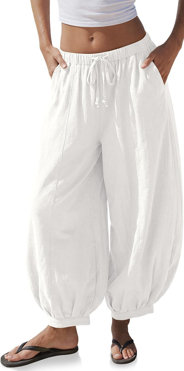 TARSE Women’s Linen Balloon Pants Wide Leg Harem Palazzo Flowy Baggy Casual | Amazon (US)