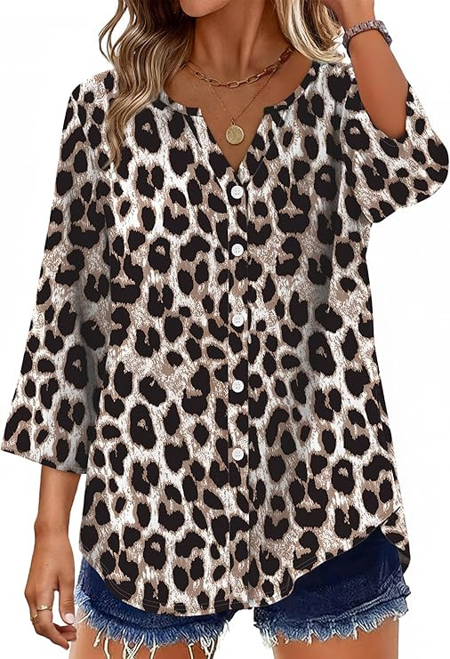 OFEEFAN Button Down Shirts for Women 3/4 Length Sleeve Tops V Neck Blouses Business Casual Outfit... | Amazon (US)