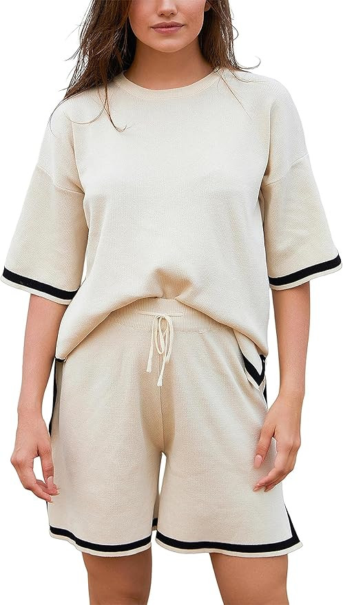 Lianlive 2 Piece Outfits for Women Knit Sweater Sets Short Sleeve Pullover Tops and Shorts Lounge... | Amazon (US)