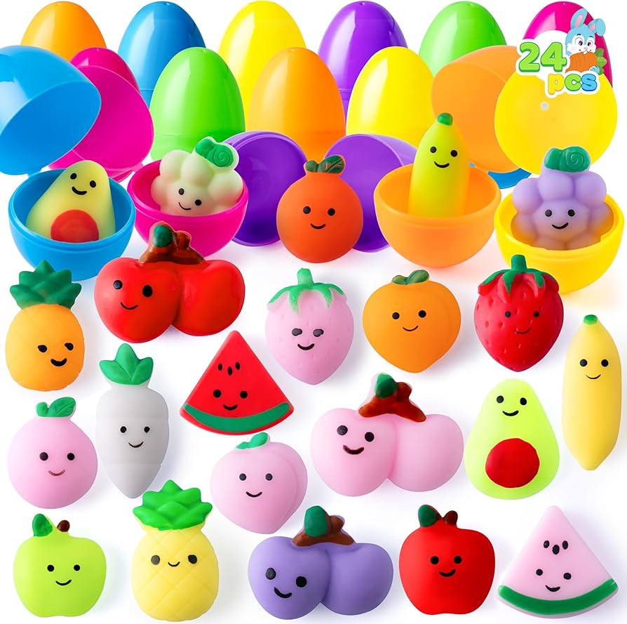 JOYIN 24 Pcs Easter Prefilled Eggs with Mochi Squishy Toys, Fruit Stress Reliever Squishy Toy for... | Amazon (US)