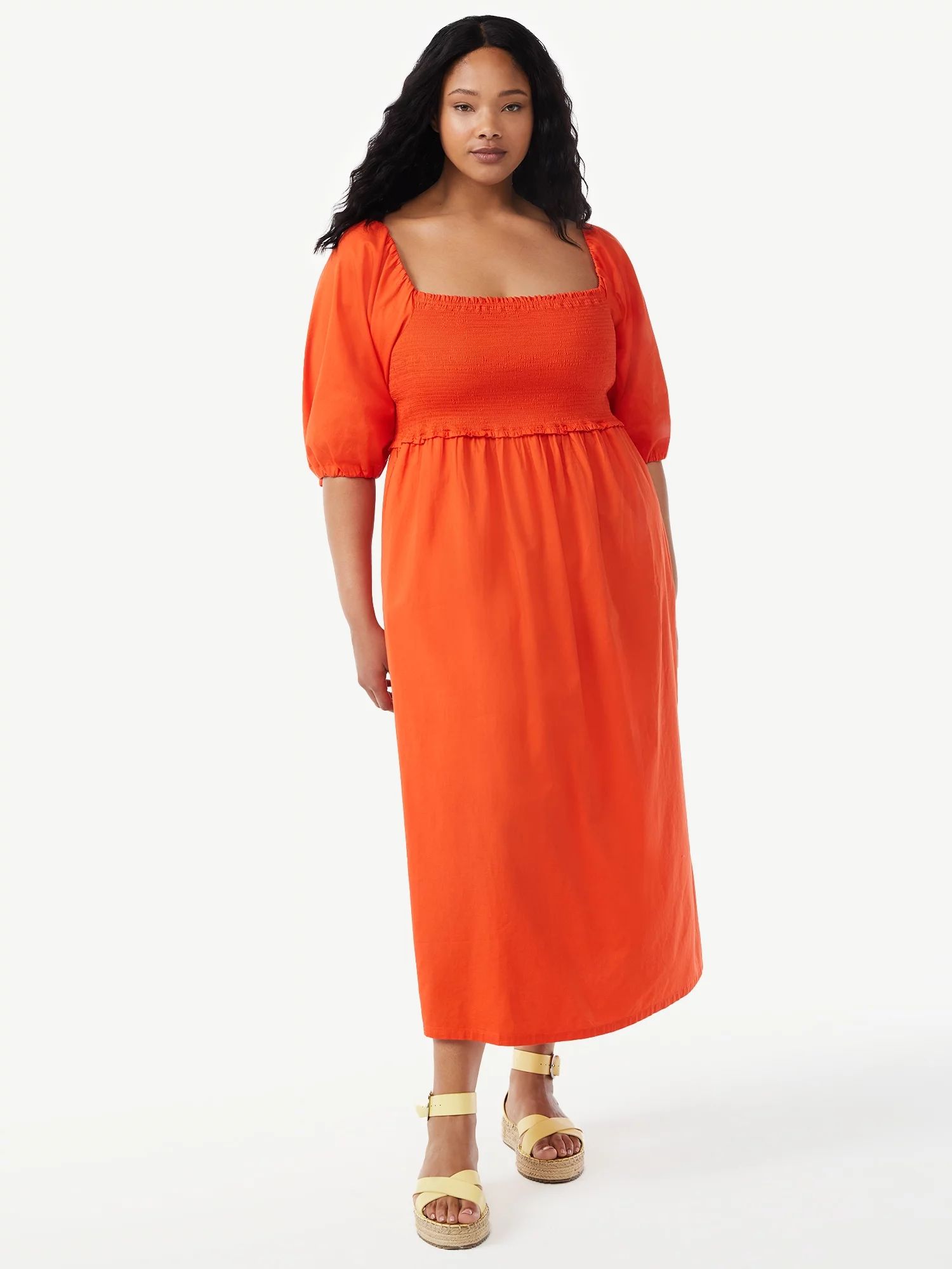Free Assembly Women's Smocked Midi Dress with Convertible Sleeves | Walmart (US)