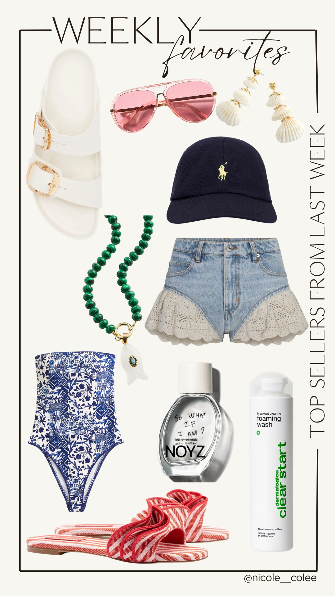 ✨ This week's favorites are giving coastal chic, country club casual, and a little bit of "add to cart immediately." 🤍

From the cutest scalloped denim shorts and shell earrings to the perfect one-piece, easy summer slides, and the baseball cap I've been reaching for nonstop... these are the pieces I'm loving and wearing on repeat right now.

And because beauty favorites deserve a spot too, I'm still obsessed with the Dermalogica Clear Start Foaming Wash and this surprisingly good NOYZ fragrance. 👏

Which one are you adding to your cart first? 🛍️

Everything is linked in my LTK!

#WeeklyFavorites #LTKStyle #SummerStyle #NicoleColeeStyle #FashionFinds 

 #LTKdayinmylife #LTKgrwm #LTKootd