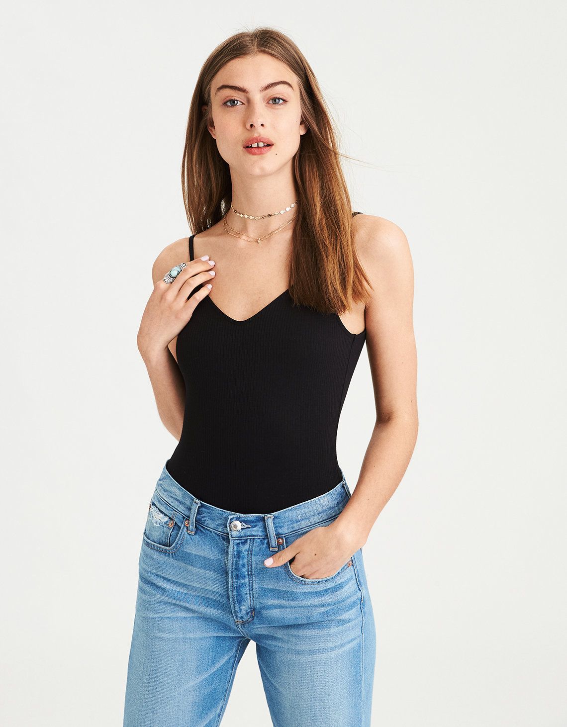 AE Basic V-Neck Bodysuit, Black | American Eagle Outfitters (US & CA)