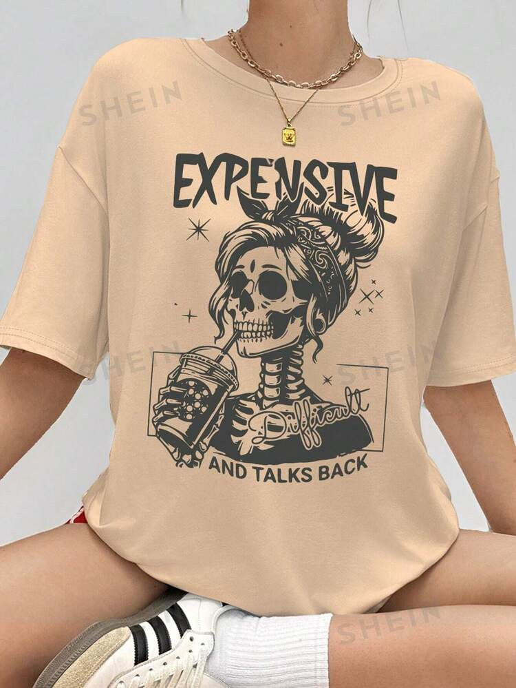 SHEIN Coolane Women's Oversized Skull Print Round Neck Short Sleeve T-Shirt, Summer | SHEIN USA | SHEIN