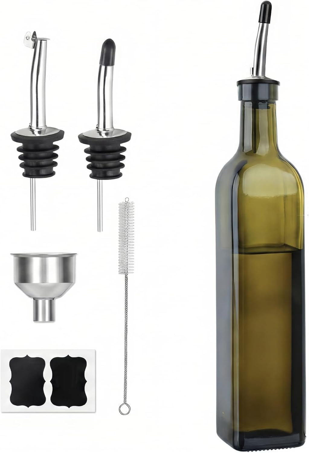 Olive Oil Dispenser Bottle, 1 Pcs Green Glass Oil and Vinegar Dispenser Set with 2 Stainless Steel Pourers, 2 Labels,1 Brush and 1 Funnel Oil Bottles for Kitchen（17oz/500ml） | Amazon (US)
