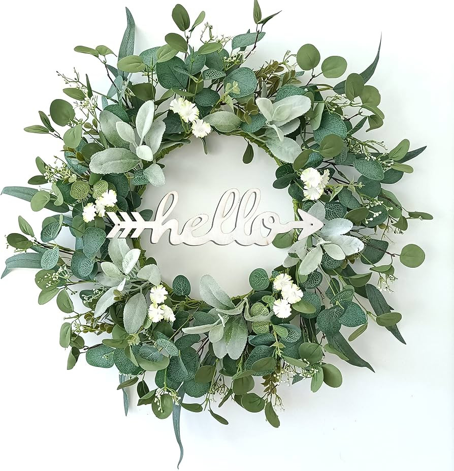 TOKCARE 22 Inch Eucalyptus Wreath with Hello Sign, Spring Summer Wreaths for Front Door Green Win... | Amazon (US)