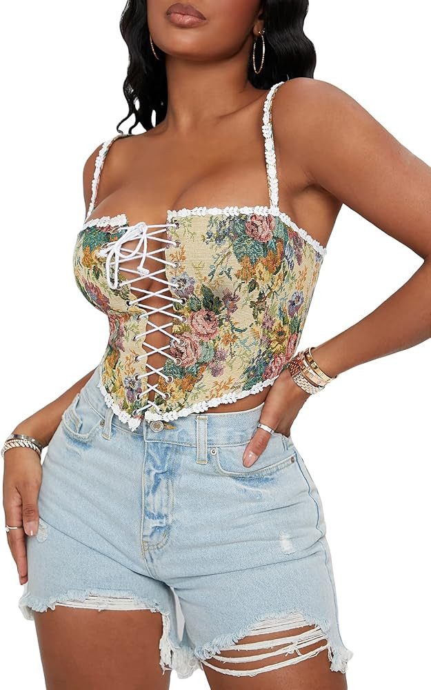 Romwe Women's Floral Print Lace-Up Front Lace Trim Y2k Cross Vest Casual Corset Crop Tank Tops Cami | Amazon (US)