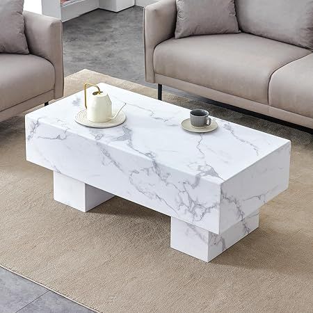 Modern Marble-Look Coffee Table for Living Room, 43.3 Inch Unique Rectangle Central Cocktail Tabl... | Amazon (US)