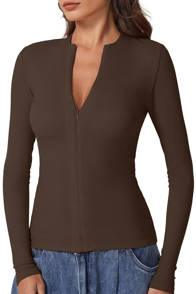 QINSEN Long Sleeve Shirts for Women Crewneck Half Zipper Ribbed Knit Going Out Tops Full Length B... | Amazon (US)