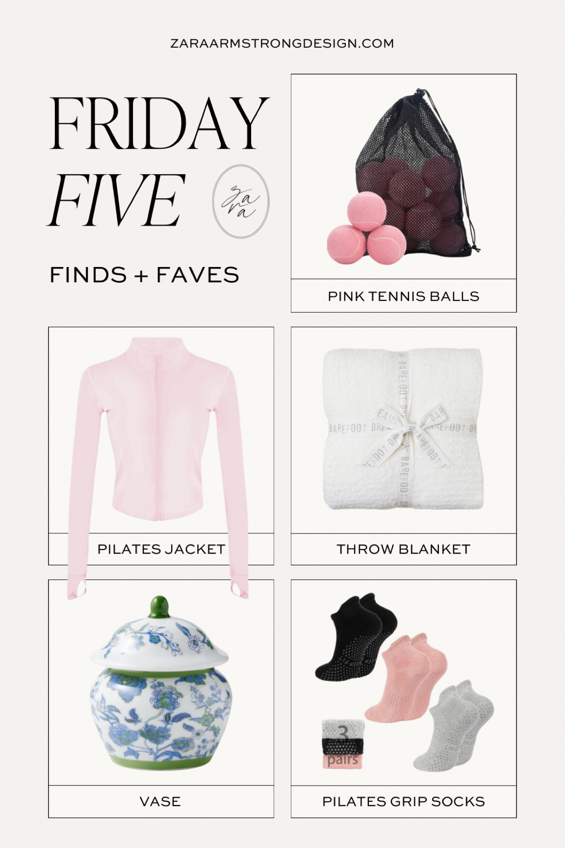 FRIDAY FIVE 💕
— pink tennis balls
— pink Pilates jacket
— barefoot dreams throw blanket
— chinoiserie vase
— Pilates grip socks 

#LTKsalealert #LTKhome #LTKfindsunder50