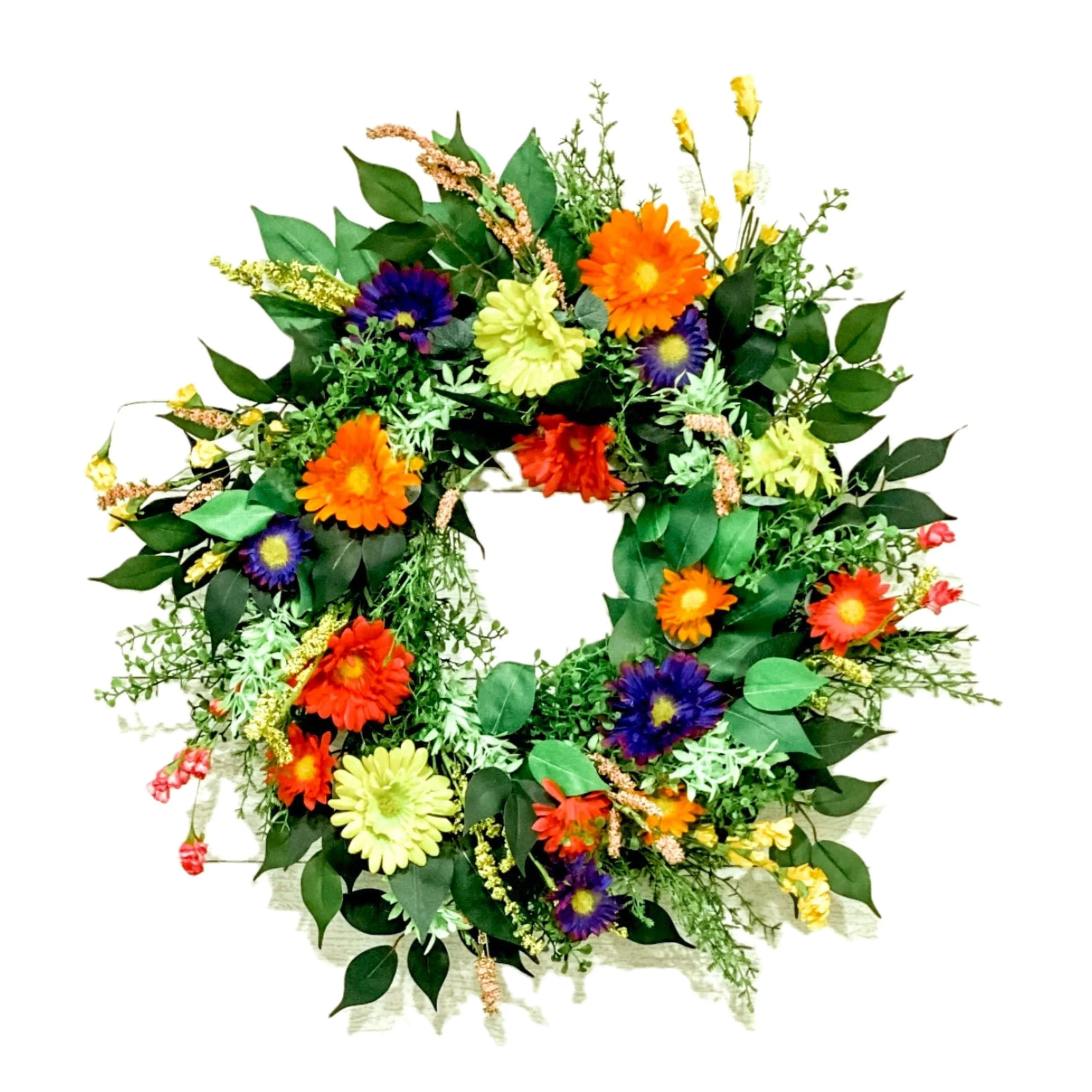 Colorful Spring Wildflower Front Door Wreath, Pink and Yellow Daisy Summer Wreath, Country Cottage Wreath, Unique Gift for Mom | Journey Decor