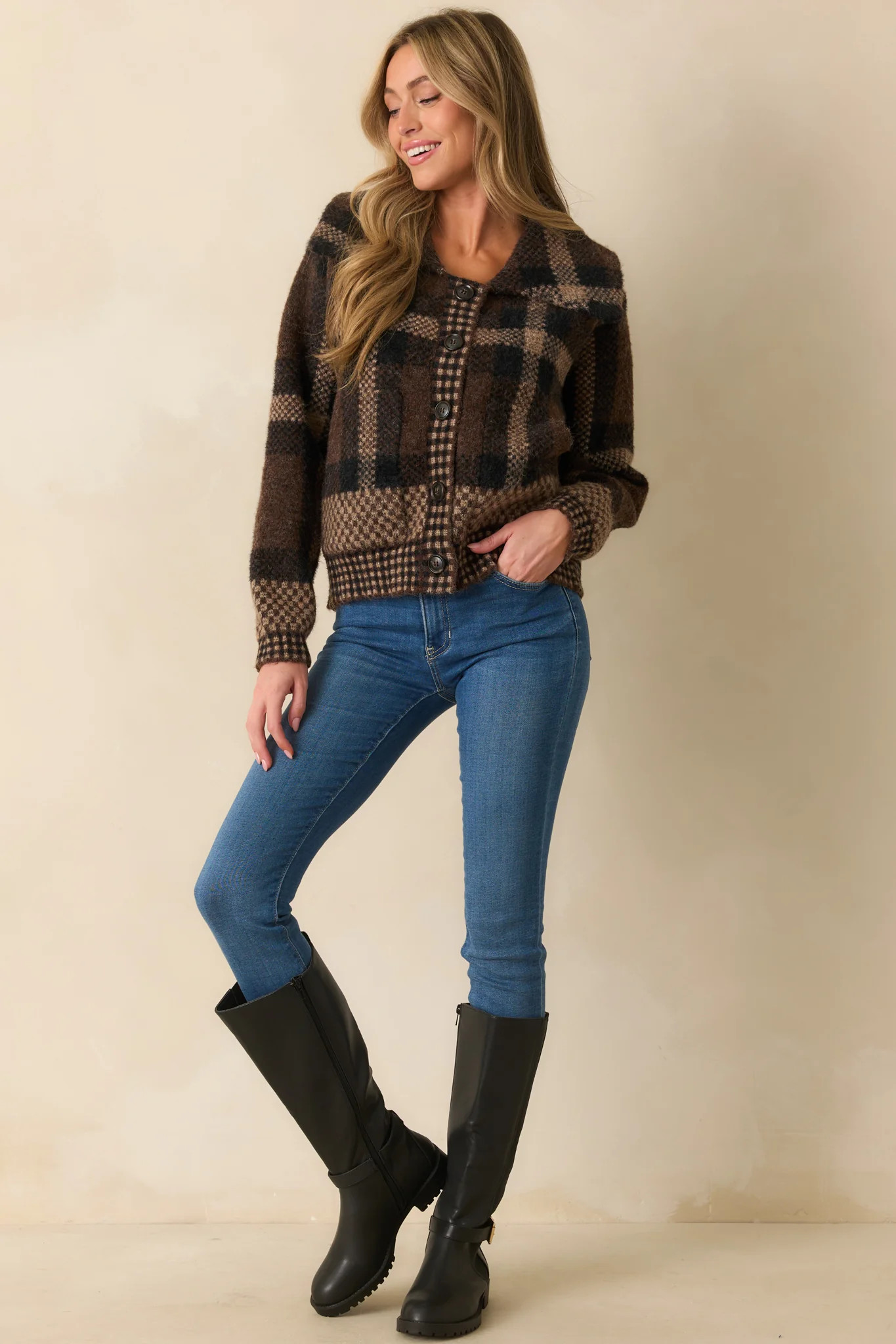 You Know It’s True Brown Multi Plaid Button Front Jacket | Red Dress