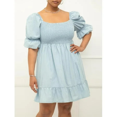 ELOQUII Elements Women s Plus Chambray Puff Sleeve Smocked Bodice Dress | Walmart (US)