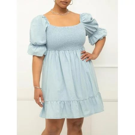 ELOQUII Elements Women s Plus Chambray Puff Sleeve Smocked Bodice Dress | Walmart (US)