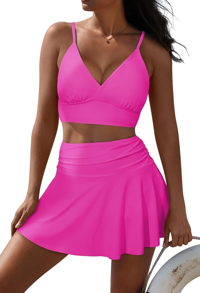 Pink Queen Women's High Waisted Bikini Set Two Piece Swimsuit V Neck Spaghetti Straps Swim Skirt ... | Amazon (US)