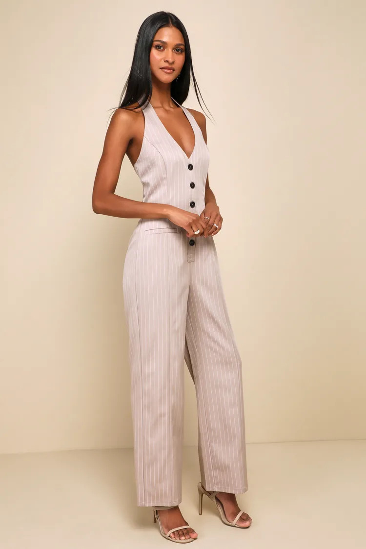 Sharp Aesthetic Taupe Pinstripe Straight Leg Halter Jumpsuit | Lulus