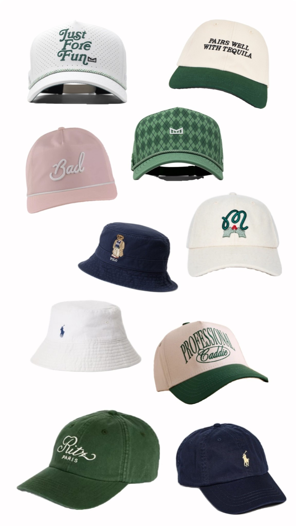 Golf tournament hats, waste management hat, phoenix open outfit, green trucker hat, bucket hat, golf accessories, casual outfit with a hat, masters hat, polo Ralph Lauren, navy hat, tennis hat, golfer style, golf outfit, green hat 

#LTKActive #LTKFindsUnder100 #LTKFindsUnder50