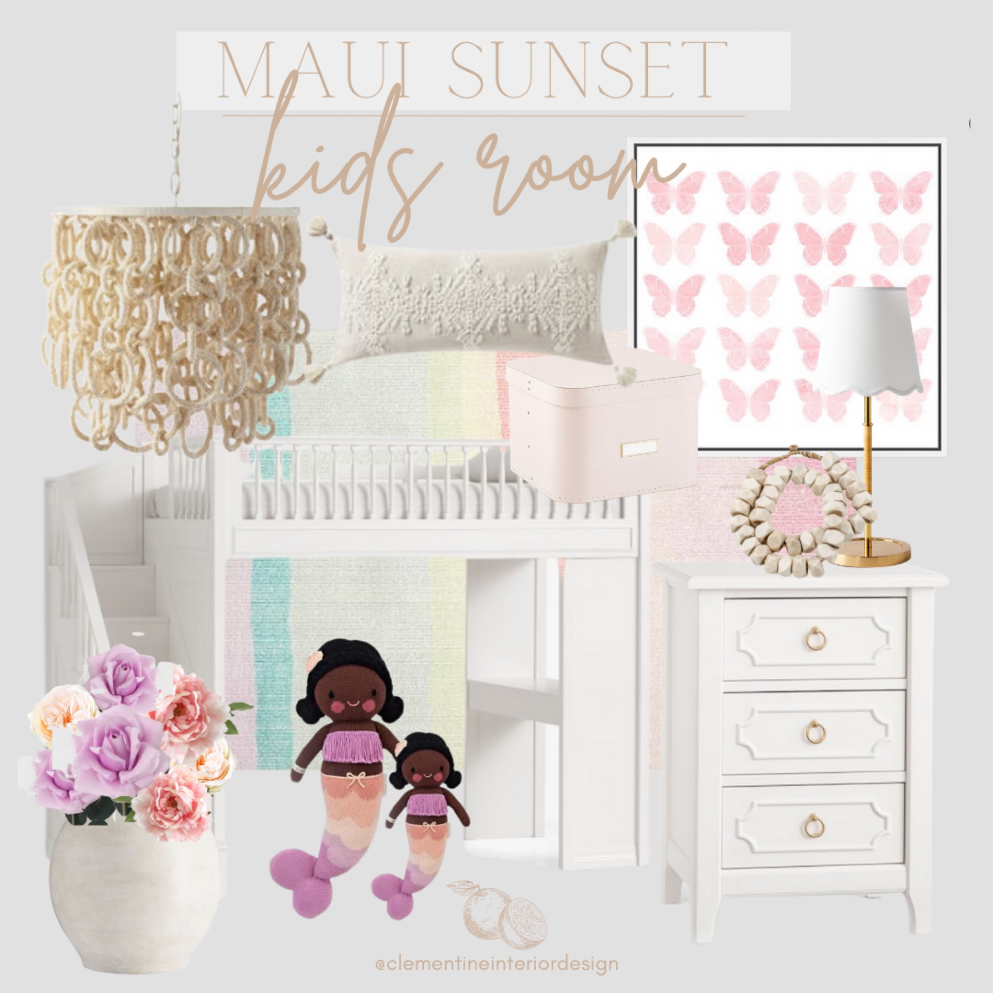 Maui sunsets themed kids room 🤍

Kids room design
Cuddle and kind mermaid
Loft bed
Faux rose stems
Faux peony stems
Butterfly art
Rainbow rug
White nightstand

#LTKhome #LTKfamily #LTKkids