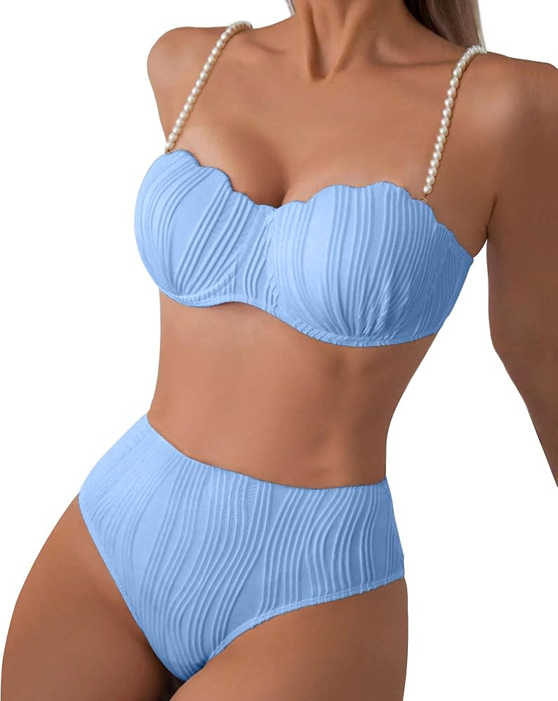 High Waisted Bikini Sets for Women 2 Piece Underwire Swimsuits Tummy Control Bathing Suit Bandeau... | Amazon (US)