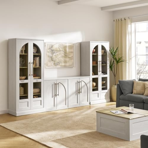 mopio Blake 4 Piece Entertainment Center with Storage, Modern Farmhouse Arched Wall Unit Cabinet TV Stand with Tall Display Cabinets for up to 65" TVs, Trophy Display Case, Media Console Cabinet | Amazon (US)