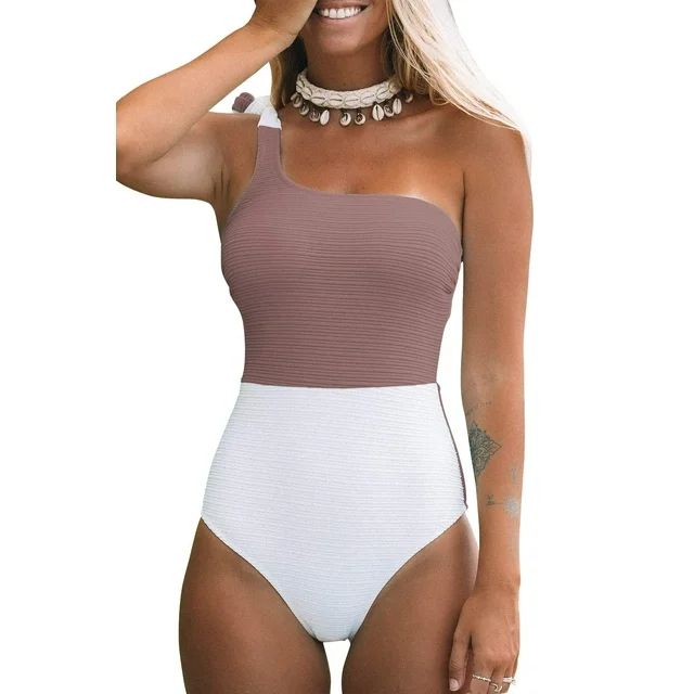 Cupshe Women's Brown Color Block One Shoulder Bowknot One-Piece Swimsuit, XL | Walmart (US)