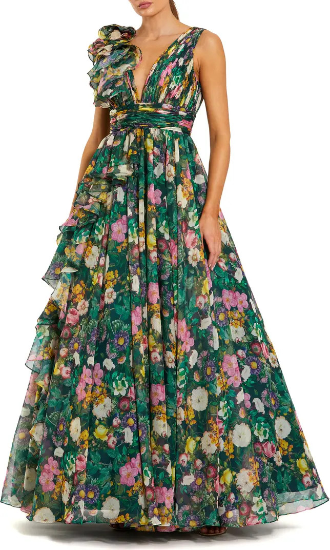 Ruffle Shoulder V-Neck Printed Chiffon Gown | Nordstrom